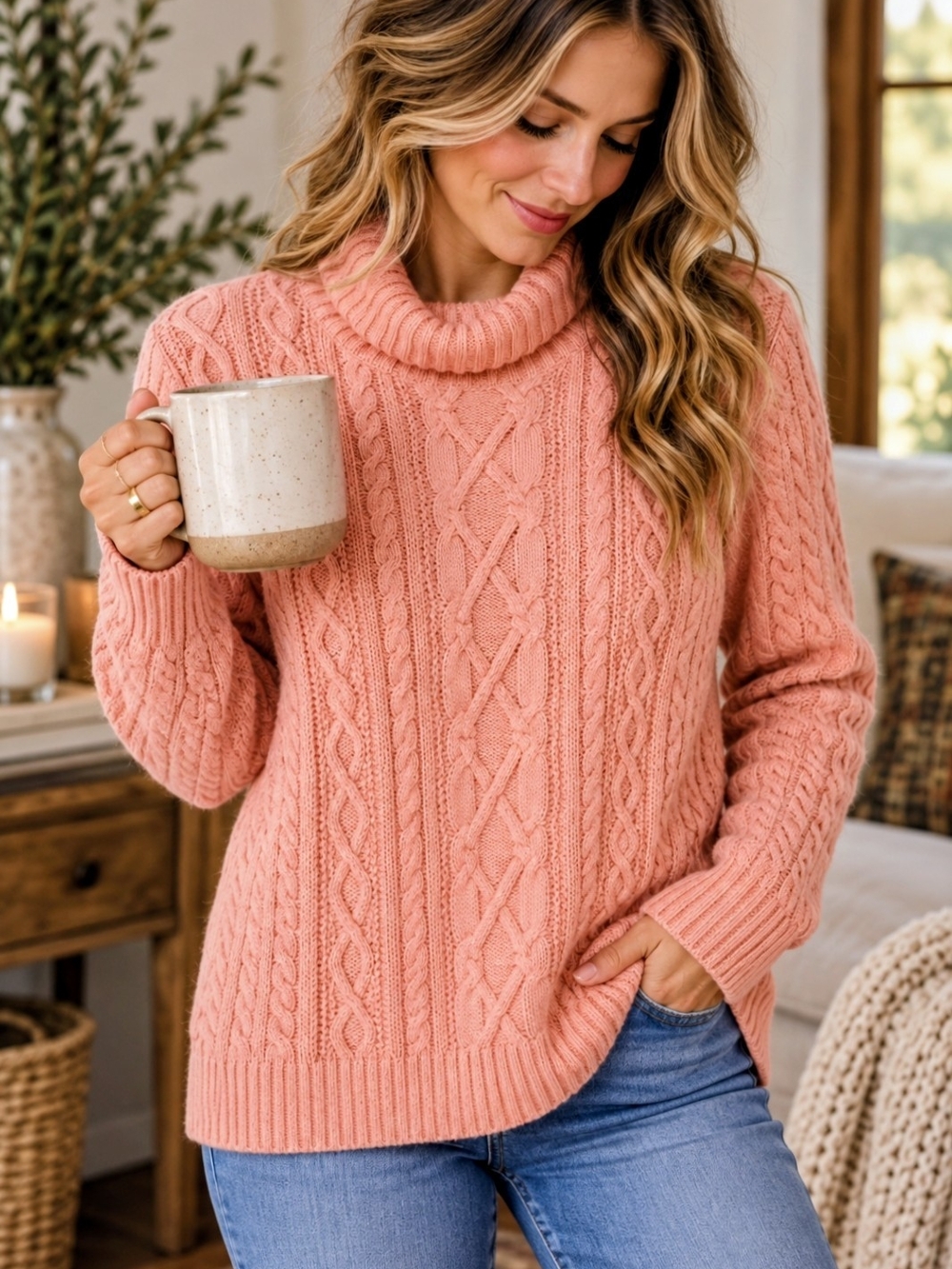 Croft & Barrow L Coral Peach Cable Knit Turtleneck Sweater 100% Cotton